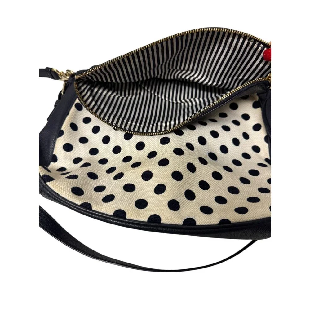Kate‎ Spade Leather & Canvas Navy Blue And Cream White Polka Dot Shoulder Bag